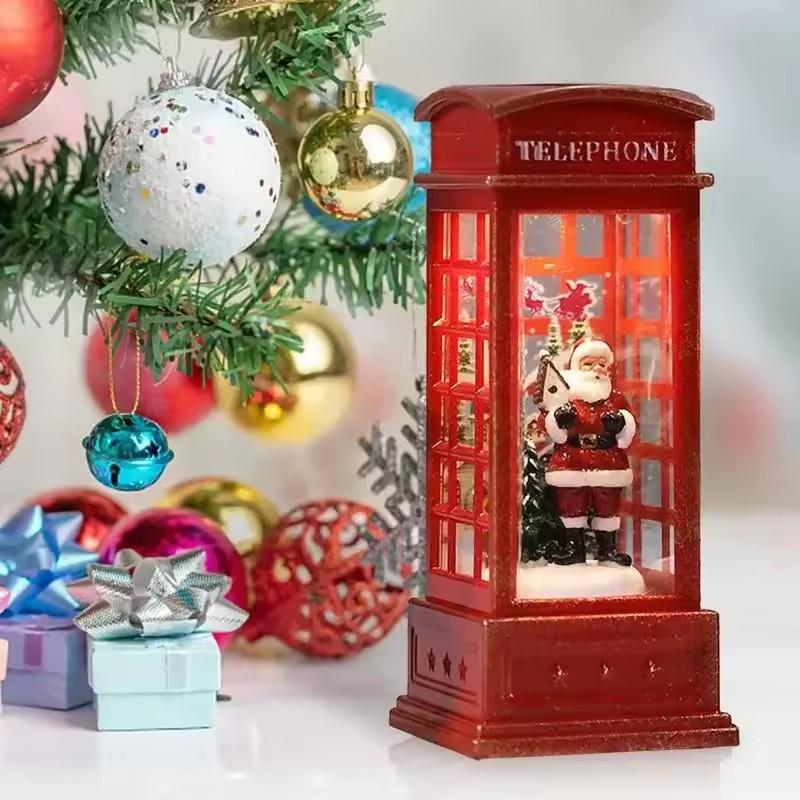 Christmas Phone Booth Decoration with Santa Claus, Snowman & Tree - Red Retro Telephone Booth Ornament With Light Home Decorator