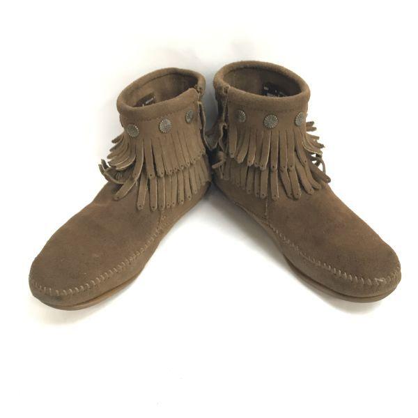Minnetonka Leather Suede Fringe Boots 8 250 Brown Side Zip Short Boots Leather Shoes(USED)