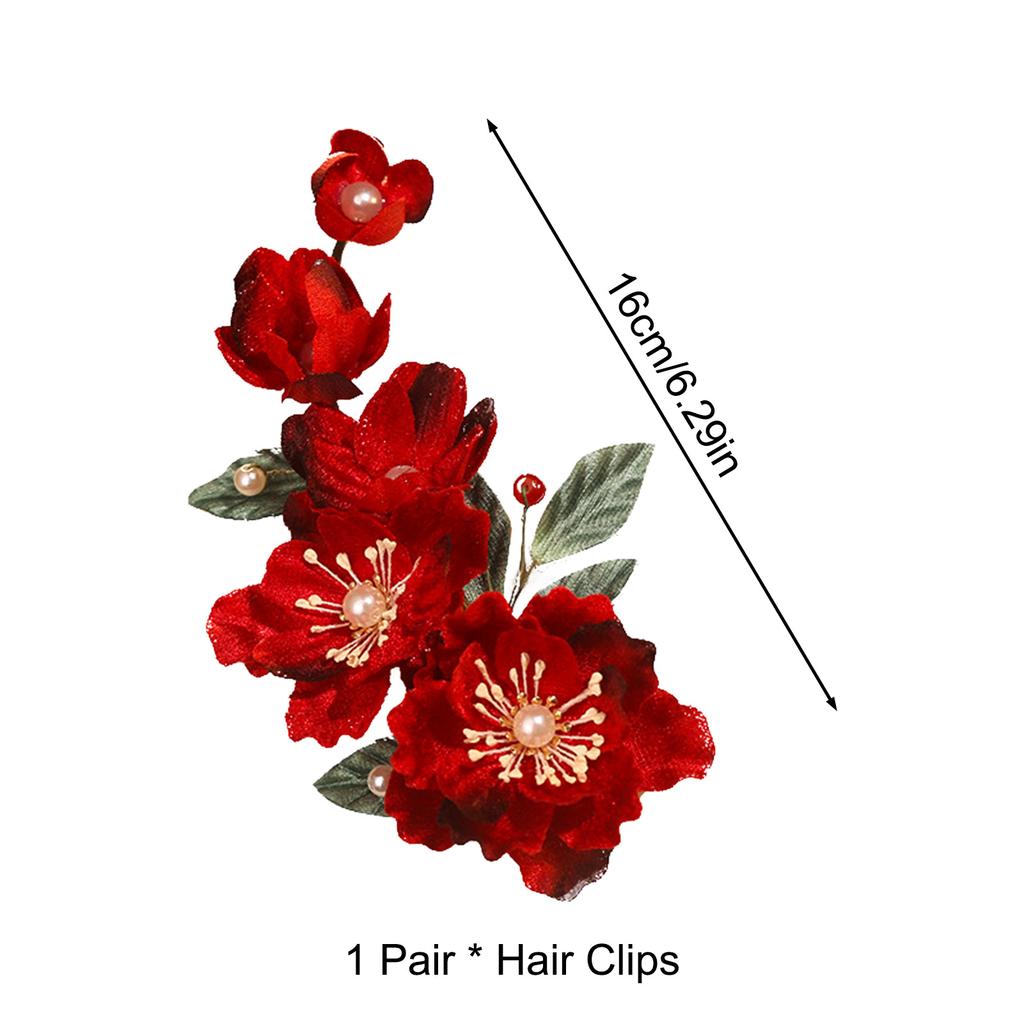 Red Hair Clips Chinese Style Alloy with Imitation Pearls Decor for Wedding Festival Hanfu Hairstyle