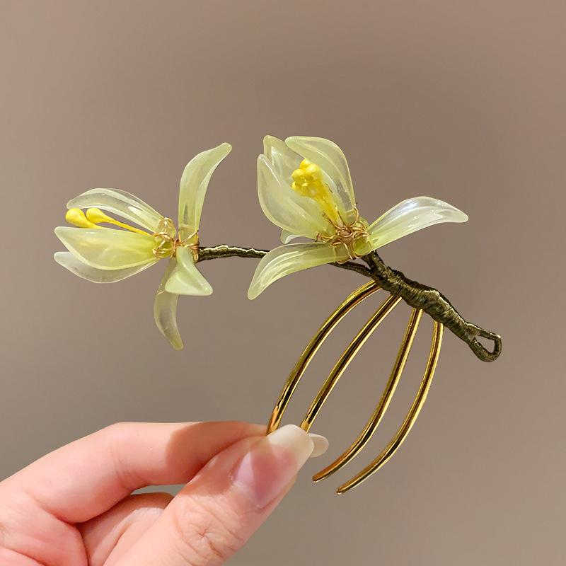 Vintage Flower Hairpin Elegant Chinese Style Glass Flower Hair Comb For Women Girls Exquisite Fairy Metal Hair Accessories 1pc