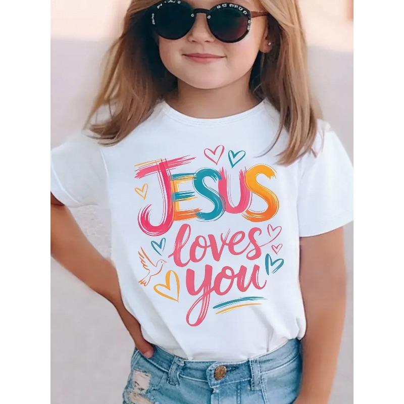 

European Size Girls Round-neck Short-sleeved T-shirt with Unique English PatternsJesus Loves You 164cm білий