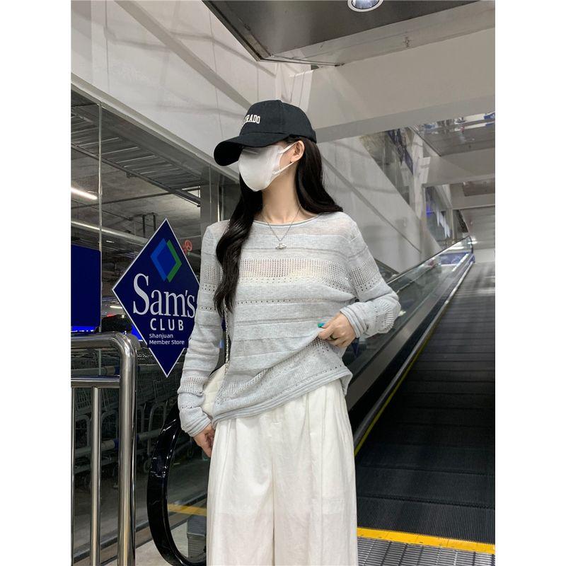 Stylish Thin Hollow Long Sleeves Knitwear Women's Early Autumn Loose Casual Black Blouse Loose Bottoming Tops