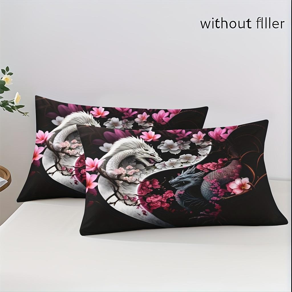 Dragon And Cherry Blossom Duvet Cover Set - Soft High-Definition Digital Print, Black with Pink Blossoms, Soft Breathable