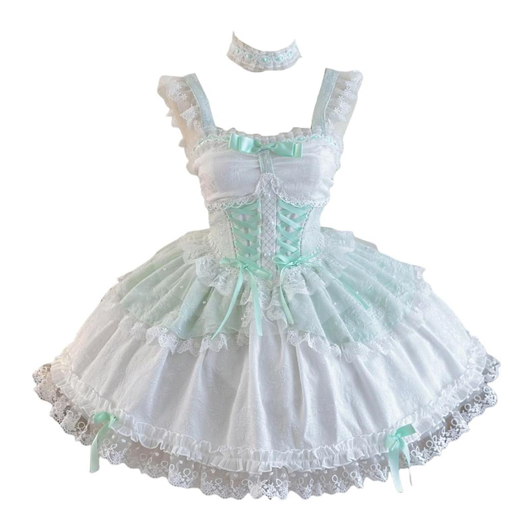 Toku and Yuu Lolita JSK Gothic Lolita Mori Girl Jumper Skirt with Lace Braided Mini Gothic Princess Cute Ribbon Mori Girl School Festival Dress,