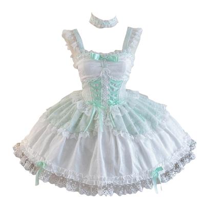 Toku and Yuu Lolita JSK Gothic Lolita Mori Girl Jumper Skirt with Lace Braided Mini Gothic Princess Cute Ribbon Mori Girl School Festival Dress,