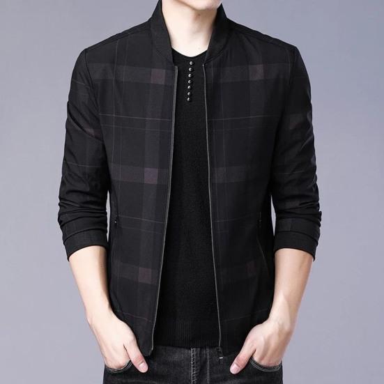 Men Coat Plaid Stand Collar Thin All Match Spring Jacket for Daily Wear