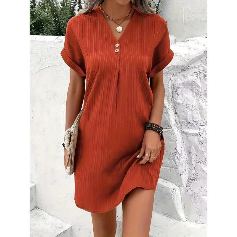Women's V-neck Solid Color Pullover Casual Button Dress