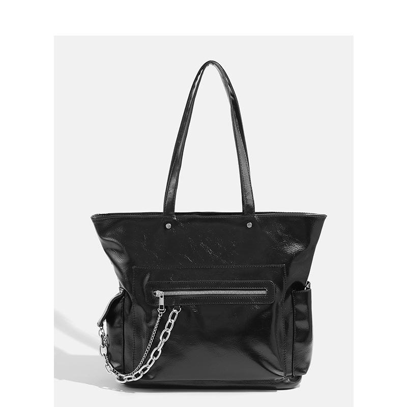 Simple retro large-capacity student class commuting tote bag, new high-texture chain shoulder handbag