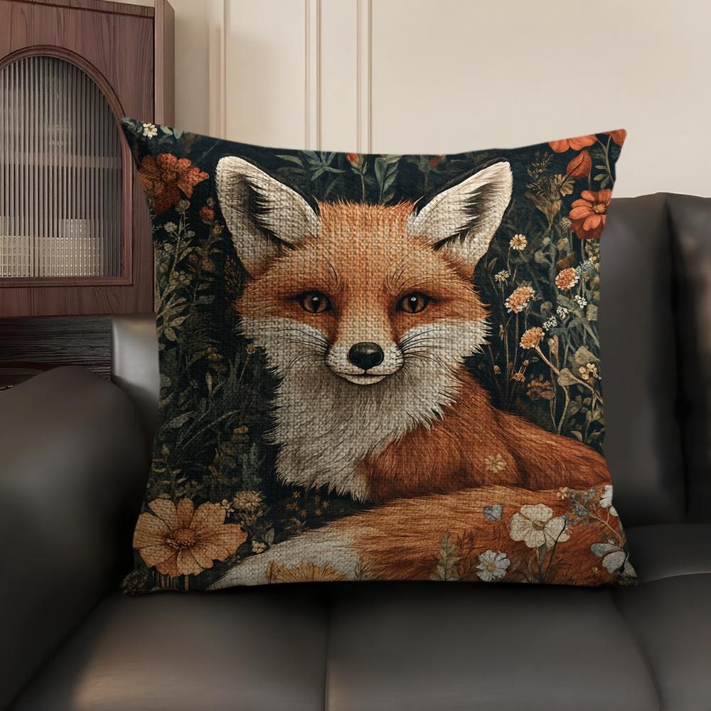 Cute Fox Cushion Cover Summer Breathable Linen Organic Fabric Double-Sided Printing Sofa Pillow Case Home Decor