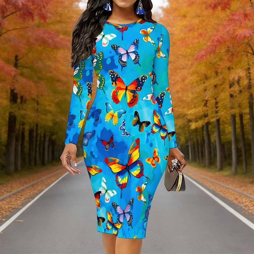 Plus Size Women Long Sleeve Round Neck Midi Dress Vibrant Butterfly Print Fitted Pencil Dress