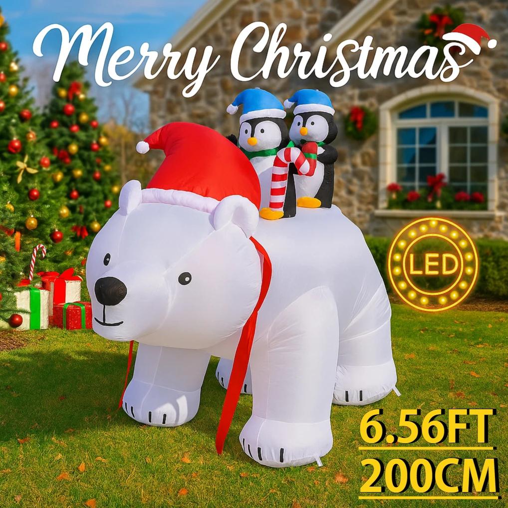 6.56FT Giant Christmas Inflatable Toys Bear Penguins Penguins Yard Party Decoration Home Ornament Holiday Supplies LED Lights