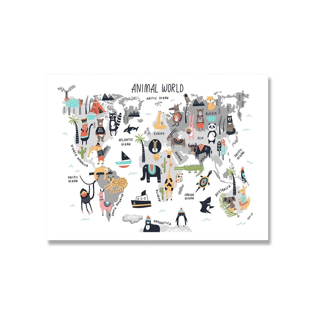 Animal World Map Art Print Nursery Poster Kids Gift Cartoon Canvas Painting Nordic Style Home Decor Wall Picture for Living Room