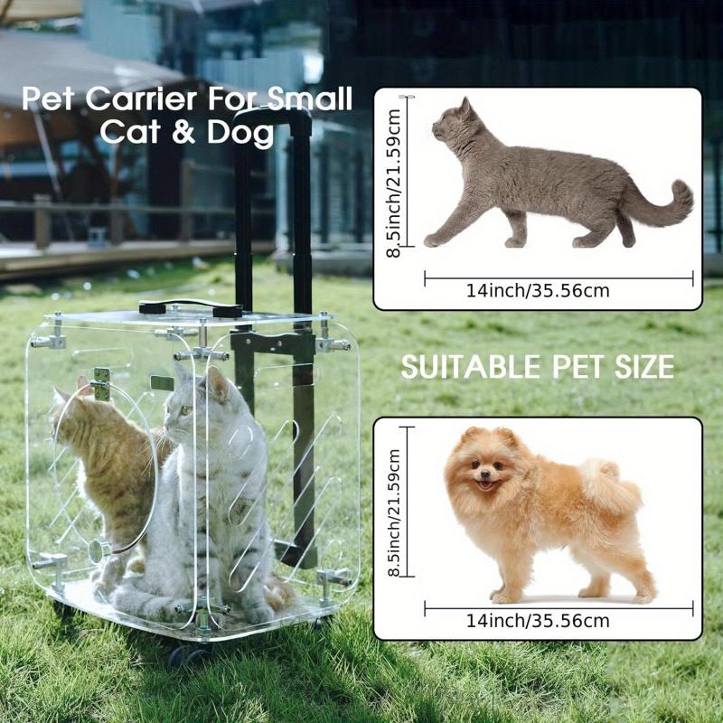 Portable Pet Cat Carrier Suitcase with Wheels, Transparent Hard PC Material, Zip Closure, Telescopic Handle, Breathable Mat,
