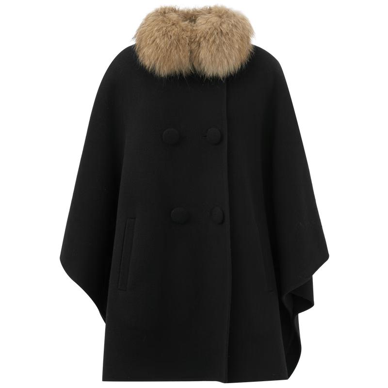 Sancai 100% Wool Double-Faced Mid-Length Coat with Raccoon Fur Collar