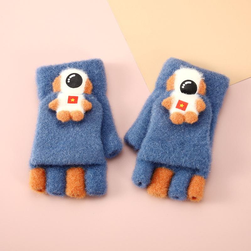 Children's Astronaut Half finger Gloves with Velvet Warm Flip Baby Writing Gloves Cold Proof and Thickened Primary School Students' Gloves