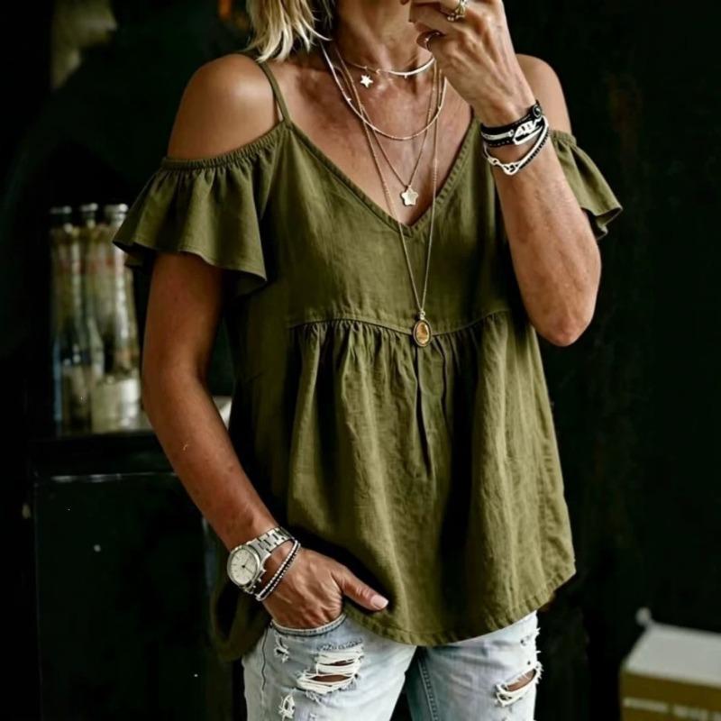 Women Casual Loose Off Shoulder V Neck Ruffle Short Sleeve T Shirt