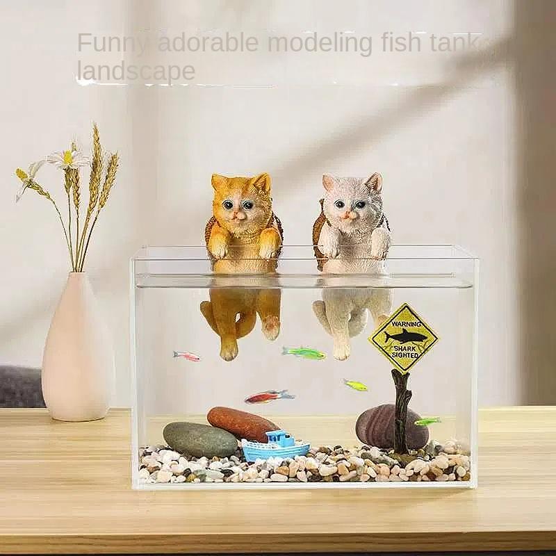Fish Tank Landscaping Cute Basket Cat Decoration Fish Tank Creative Basket Cat Ornaments