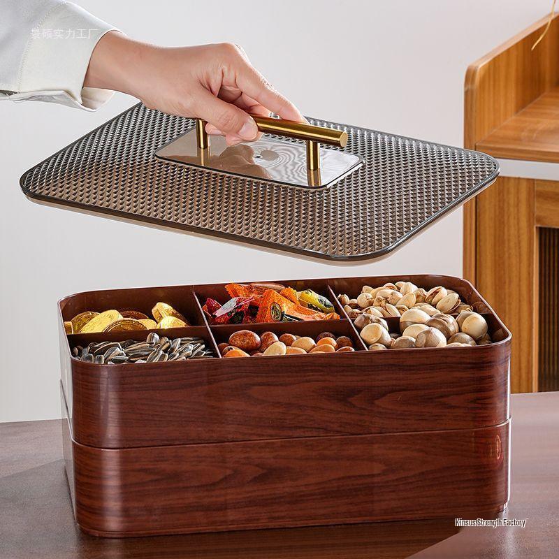 Wood Grain Multi-Grid Dried Fruit Candy Box - Thickened, Sealed, Moisture-Proof, Double-Layer Storage Plate