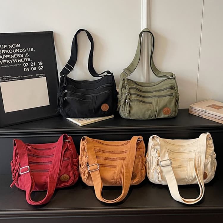 Washed Canvas Multi-zipper Messenger Bag Women's Shoulder Bag