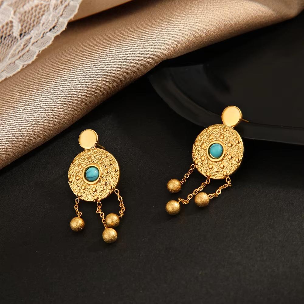 Fashion Geometric Design Hammer Texture Earrings Stainless Steel Nature Stone Turquoise Earrings  Suitable For Daily Wear