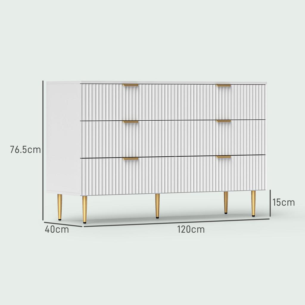 Modern 6-Drawer Chest with Golden Handles, 120x40x76.5cm, White