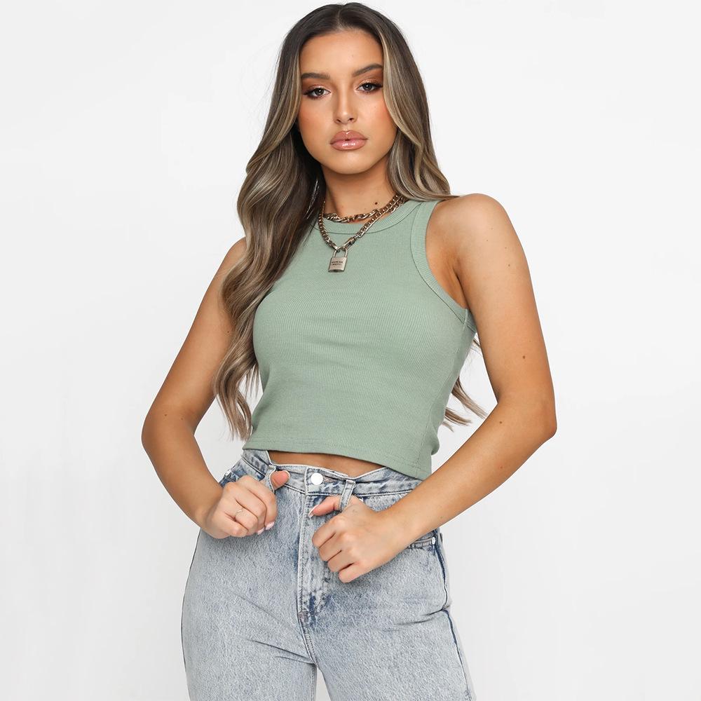 Maglietta basic sexy da donna senza maniche in maglia estiva Maglietta bianca con spalle scoperte a costine Canotta nera Streetware Camis Femme Skinny