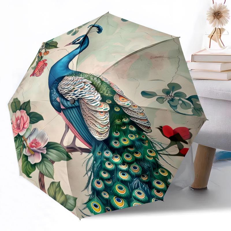Peacock Elegance In Bloom Compact Travel Automatic Umbrella Folding Umbrella with 8 Ribs Lightweight for Women/Men Compact Folding Umbrella