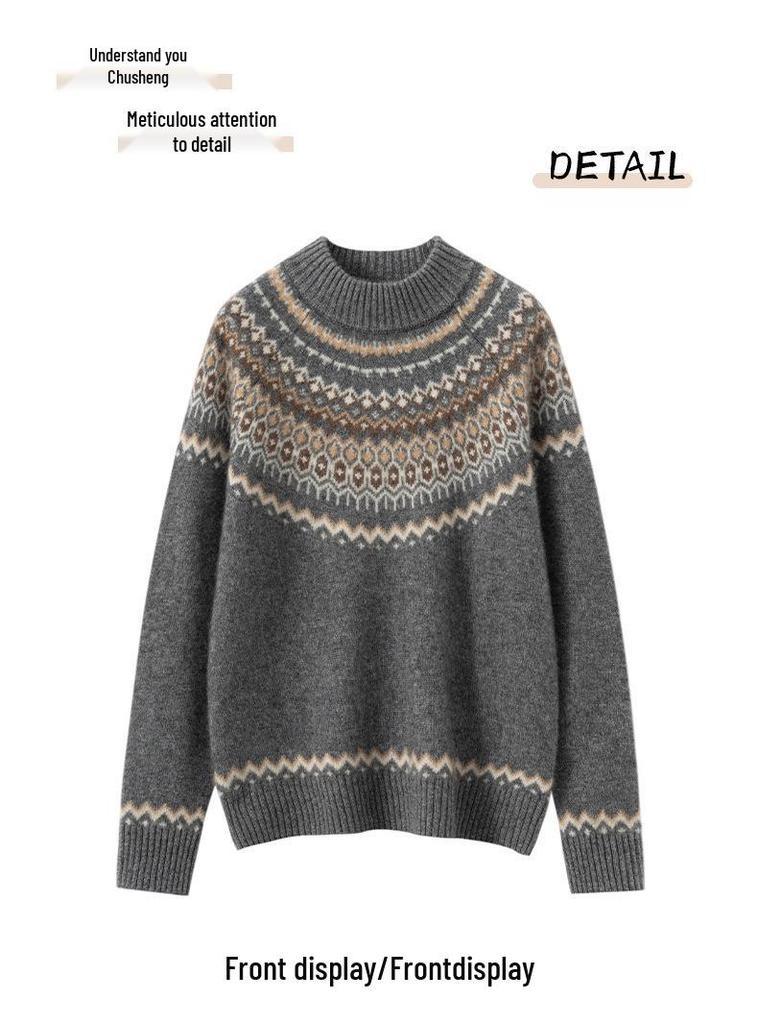2025 Women's Fair Isle Cashmere Sweater: Autumn/Winter Knit Half-High Collar Loose Fit