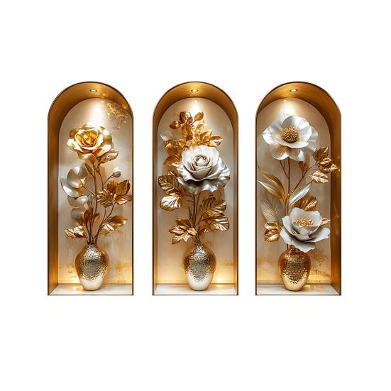 3 Pcs 3D Wall Vase Flower Wall Stickers Vintage Art Self-Adhesive Colorful