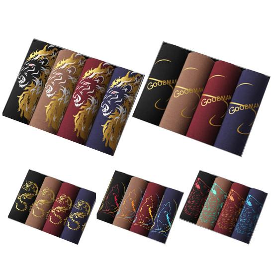 4 Pcs Men's Underwear Fiber Large Flat Corner Pants Four Corner Pants Youth Comfortable Elastic Dragon Print Flower Underwear