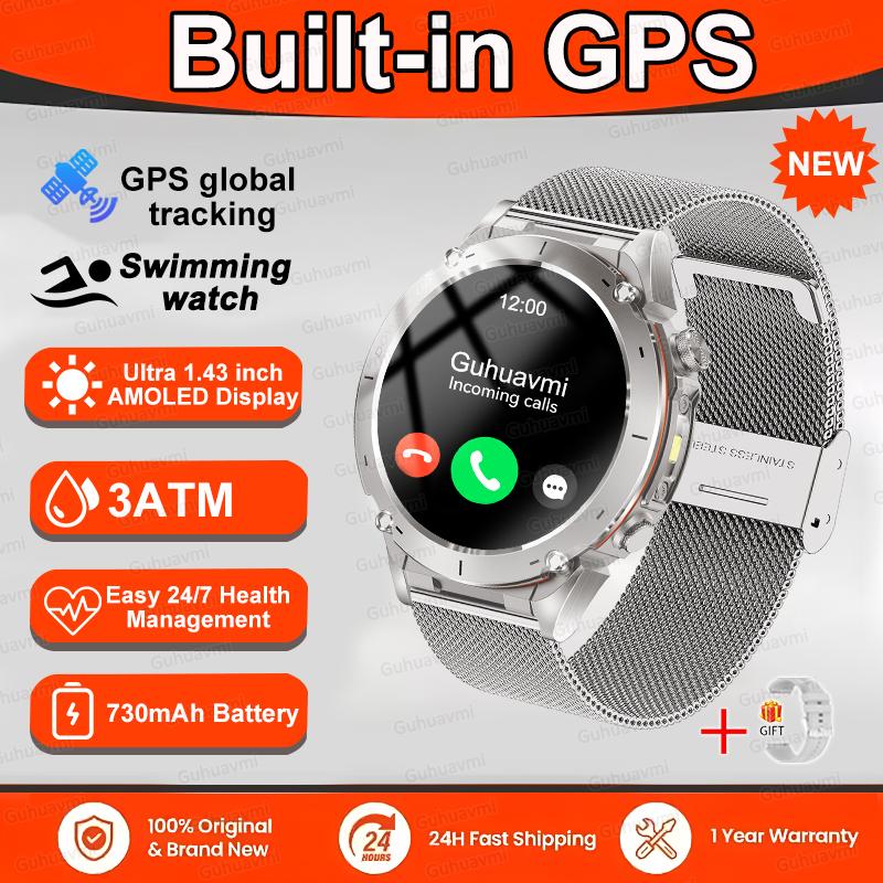 Military Quality GPS Sports Smartwatch Bluetooth Call Health Monitoring Compass 3ATM Waterproof Swimming Smart Watch