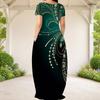 Women Plus Size Round Neck Short Sleeve Printed Green Black Loose Maxi Dress With Side Pockets
