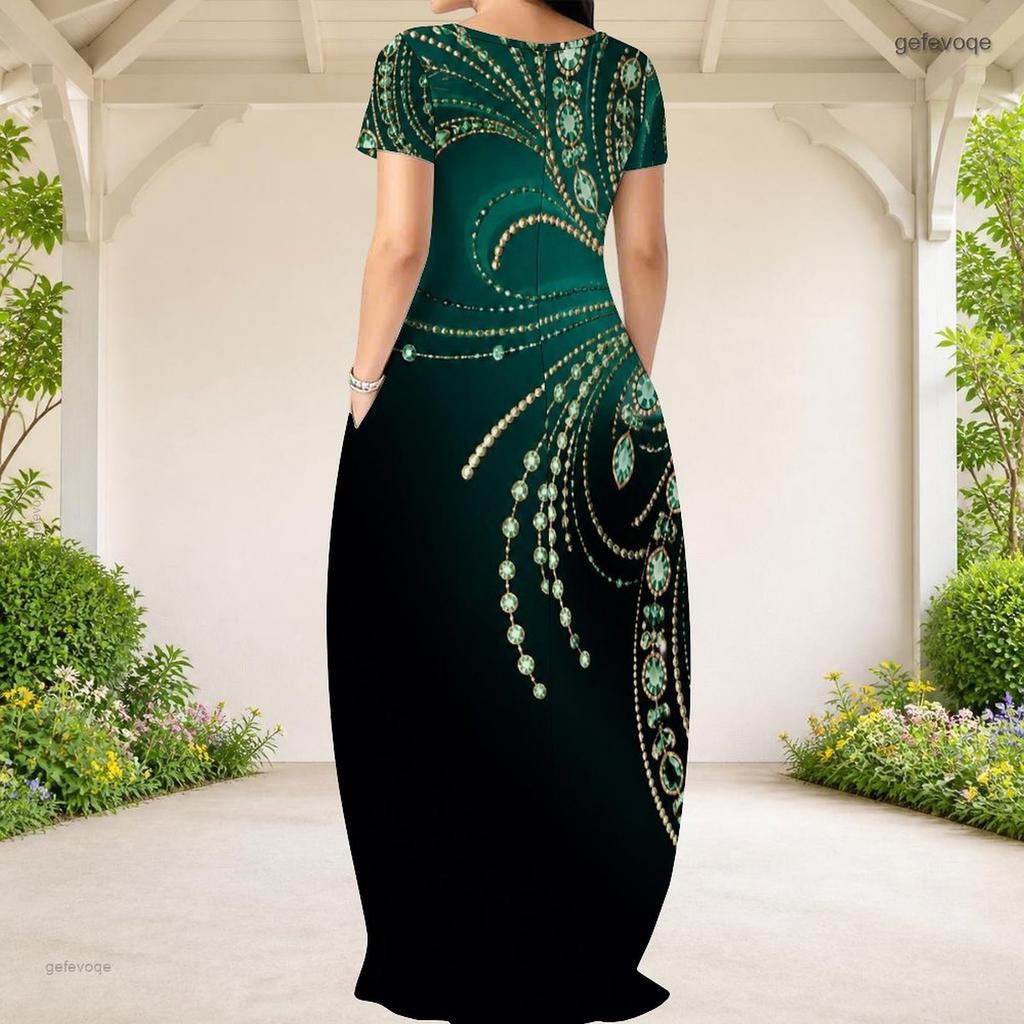 Women Plus Size Round Neck Short Sleeve Printed Green Black Loose Maxi Dress With Side Pockets
