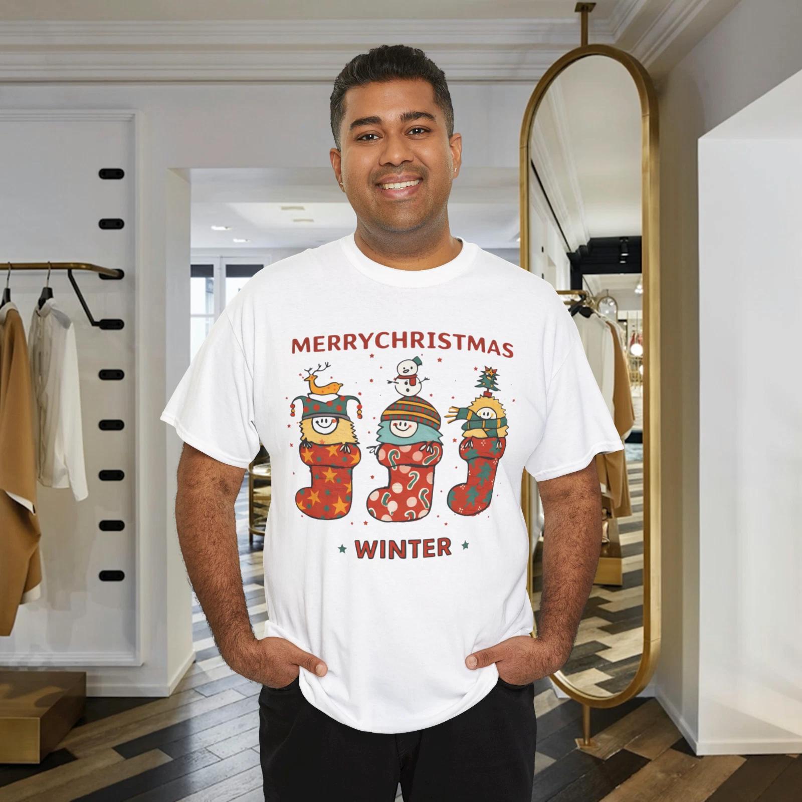 Cute Christmas Stocking Characters T-Shirt Merry Christmas Winter Tee L