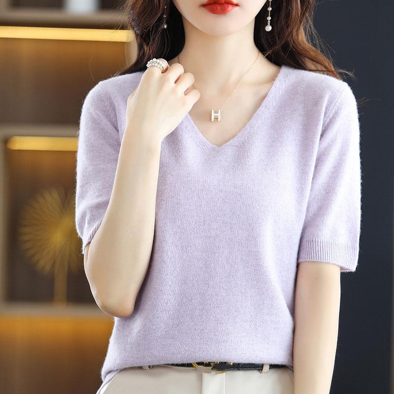 Spring Summer Women Sweater Tshirts V-neck Short Sleeve Top Fashion Pullovers Solid Bottoming Shirt Jumper