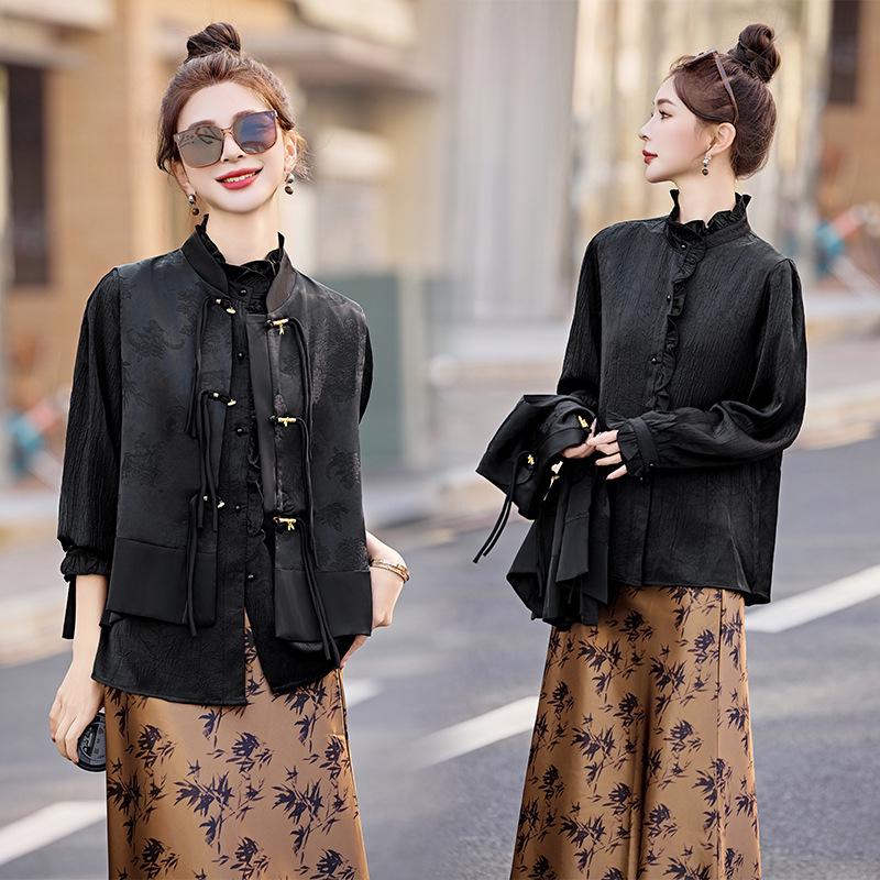 

2025 Spring Women s Stand Collar Lace Stitching Long Sleeve Shirt - Fashionable and Versatile L (60-70kg) чёрный