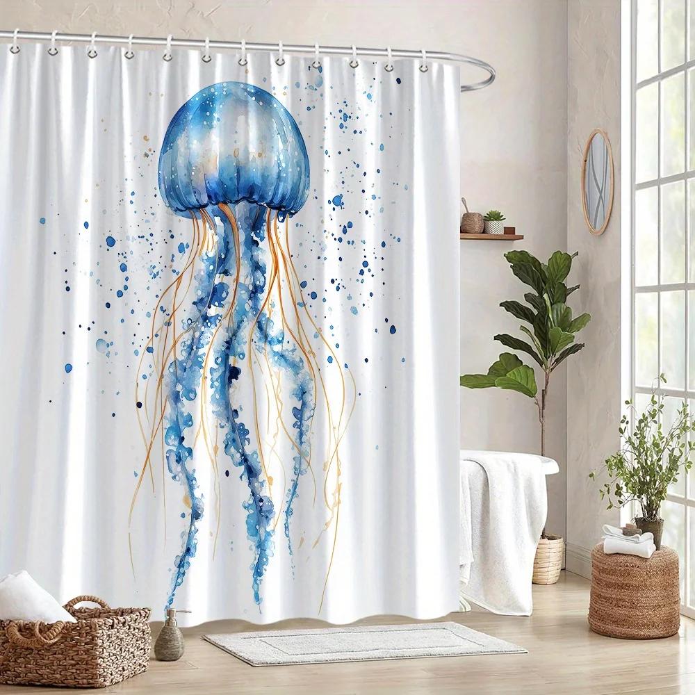 Whimsical Jellyfish Shower Curtain, Vibrant Blue & Golden Digital Watercolor, Starry Background, 12 Hooks,Playful Bathroom Decor