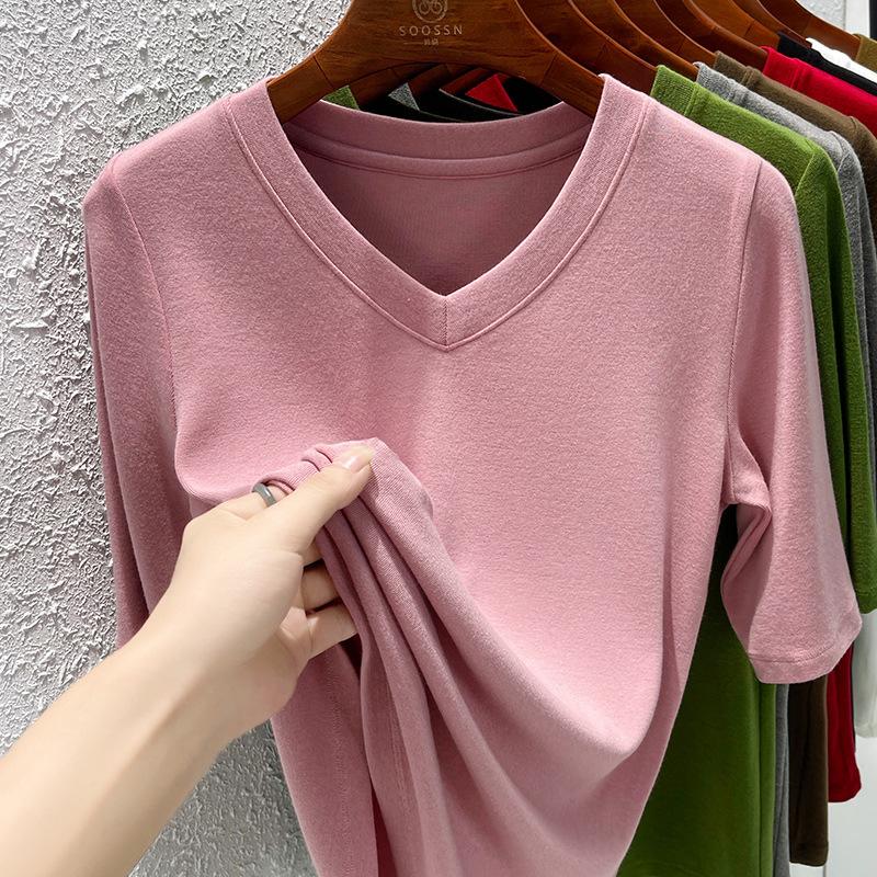 Modal-Baumwoll-Schulter-T-Shirt Damen Herbst neu einfach vielseitig Kragen T-Shirt Damen mittellangarm Dreiviertelarm Oberteil