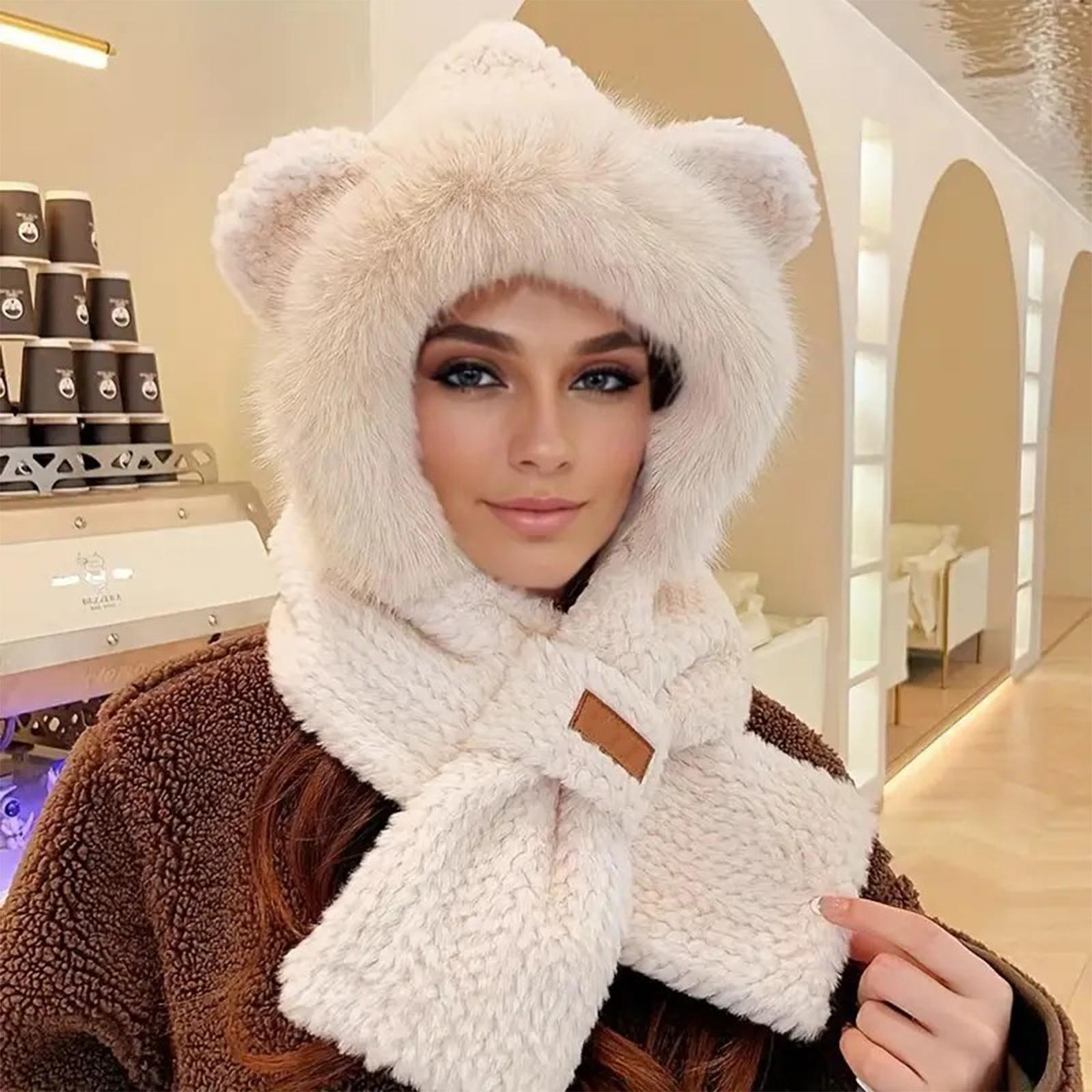 

Women s Scarf One-piece Hooded Cute Cycling Thick Warm Plush Hat One Size