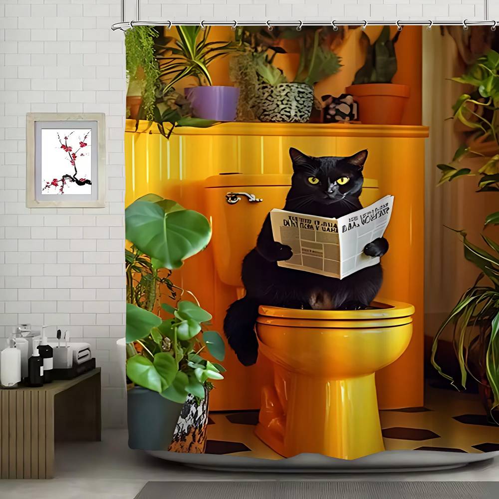 Bathroom Cat Reading On Toilet Shower Curtain - Water-Repellent And Leak-Resistant, Mold And Mildew Resistant For