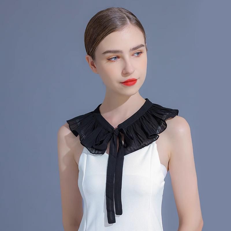 Spring/Summer 2025 Chiffon Pleated Shawl with Lace Ruffle & Peter Pan Collar for Girls