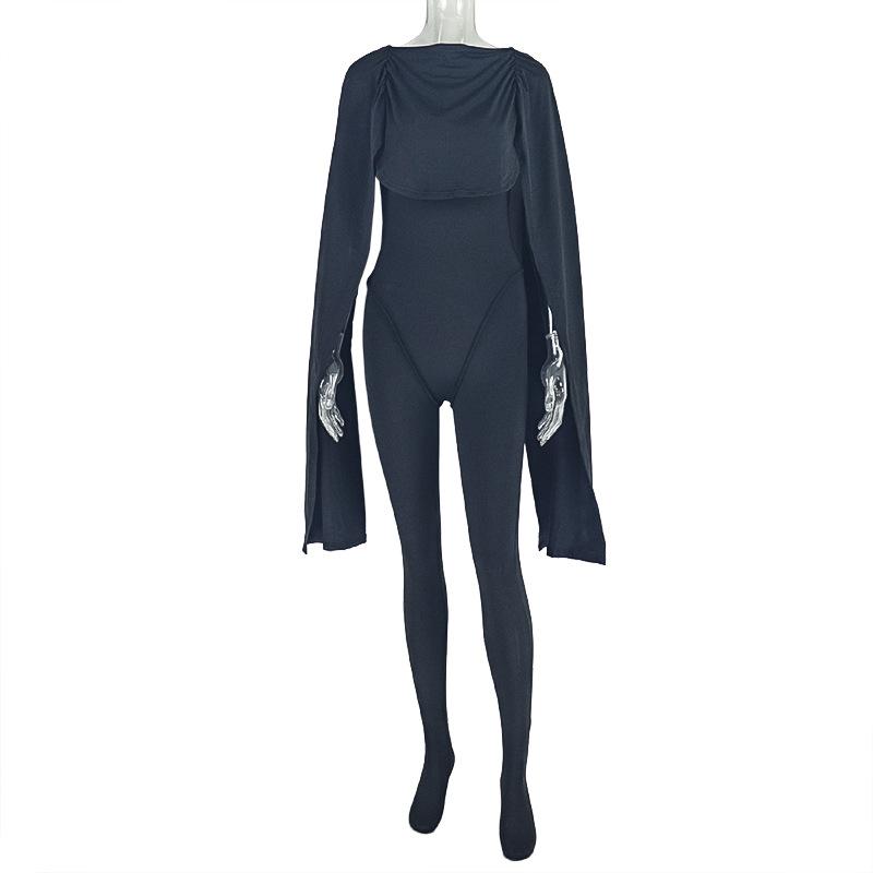 Women Solid Off Shoulder Draped Ruched Cape Sleeve Jumpsuit Mid Waist Skinny Long Jumpsuit Summer Club Party Bodysuit Jumpsuit