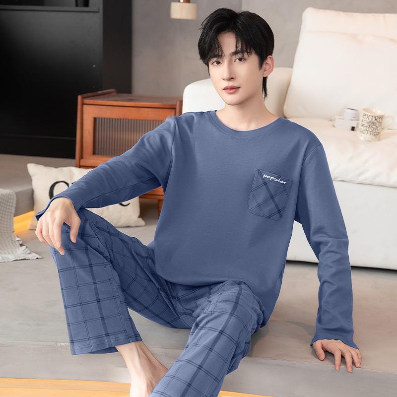 Мужской весенне-осенний хлопковый пижамный комплект больших размеров свободного кроя с длинными рукавами L (100-125 lbs)