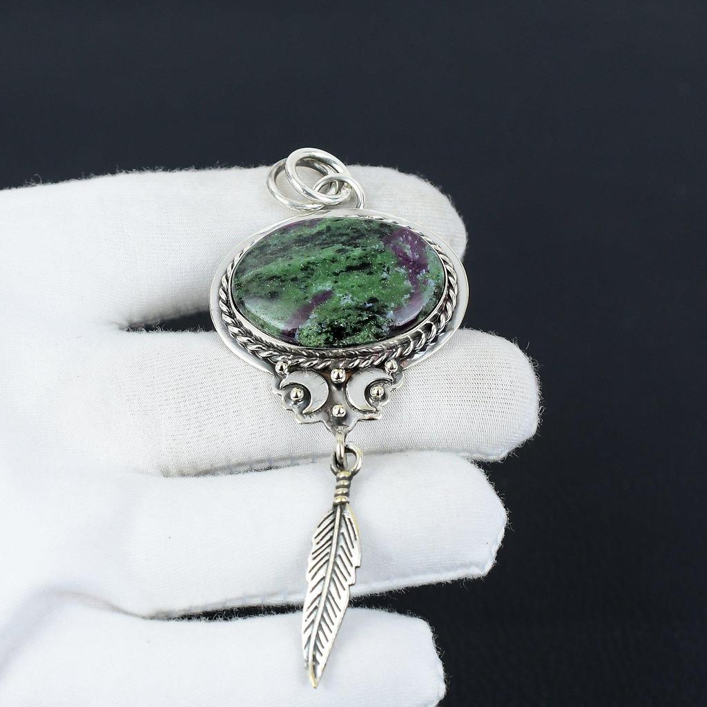 Handmade Ruby Zoisite Pendant with Feather Charm in 925 Sterling Silver – Perfect Christmas, New Year, or Holiday Gift for Her