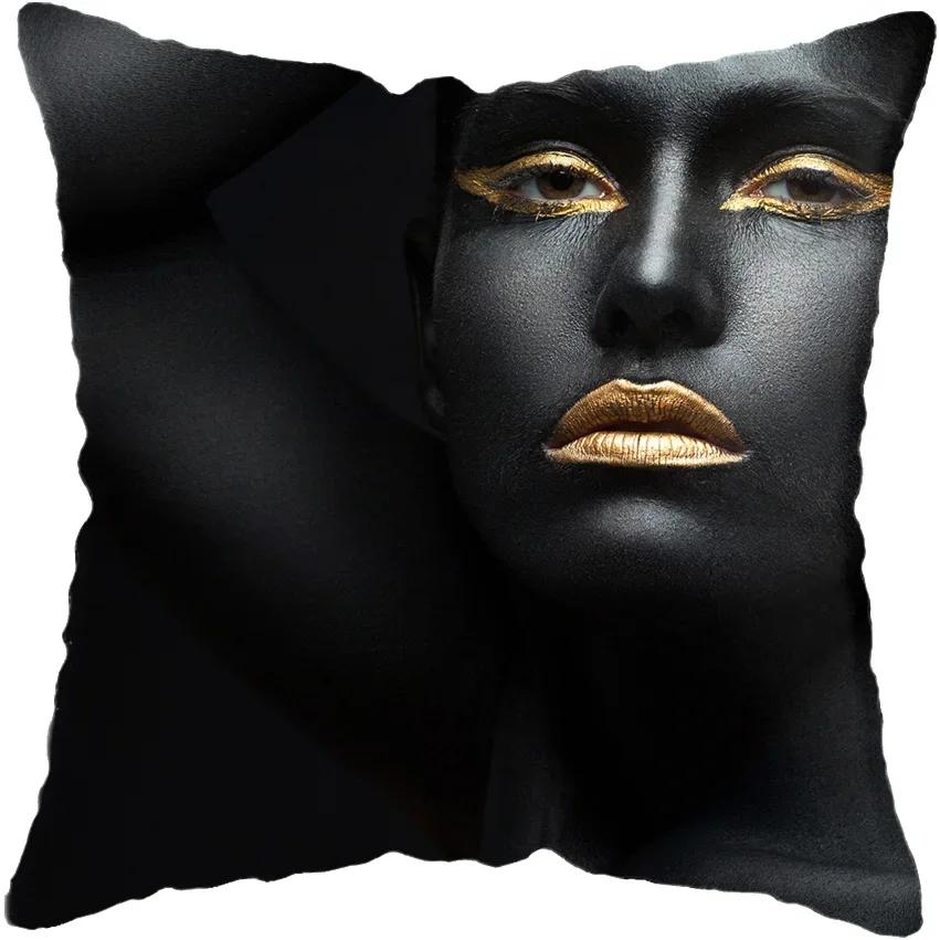 45*45CM Modern Living Room Black Gold African Lady Woman Style Look Art Deco Sofa Pillowcase Cushion Cover