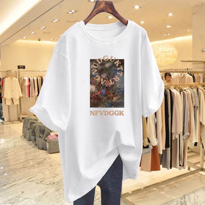 New Women's Summer White Cotton Printed Loose Round Neck Short Sleeve T-Shirt