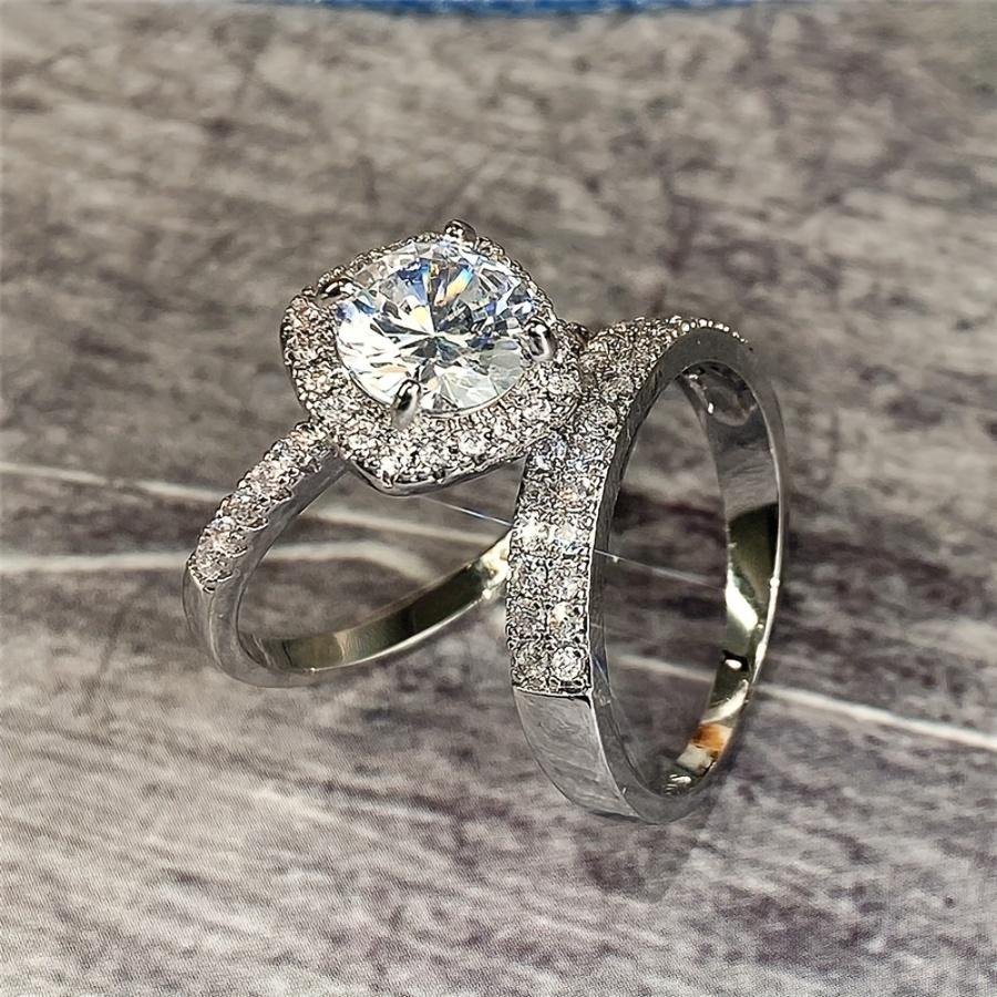 Elegant 2pcs Engagement Ring Set - Princess Cut Synthetic Cubic Zirconia, Alloy, Four-Prong, No Plating - Simple & Elegant Design for Daily & Wedding