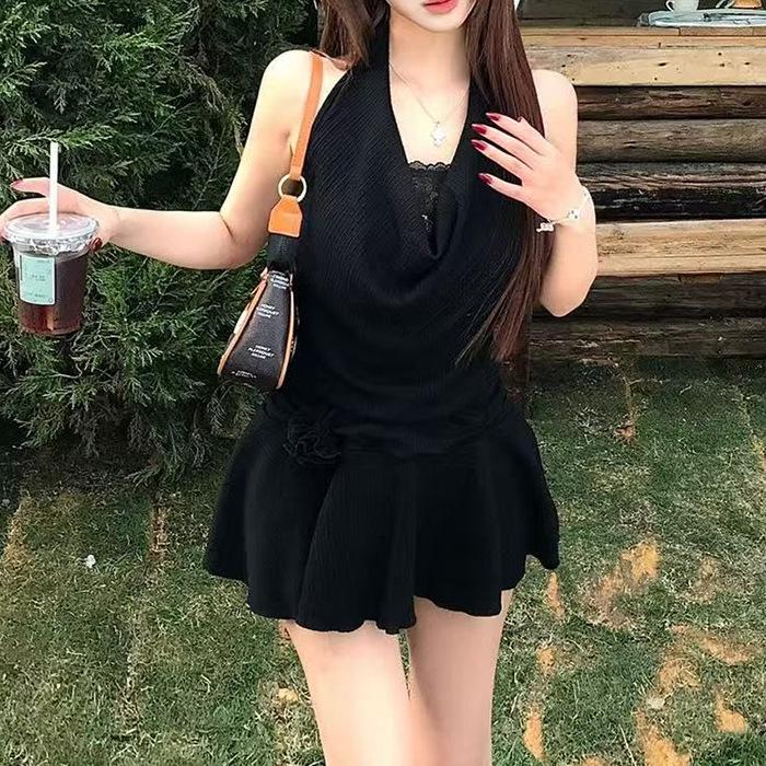Korean Style Black Halter Neck Sleeveless Backless Dress - Summer 2026 Collection