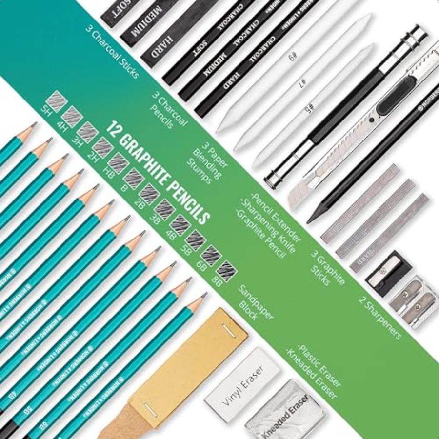 XL Drawing Set Sketching Graphite and Charcoal Pencils. Includes 100 Page Drawing Pad Kneaded Eraser Blending Stump. Art Kit an
