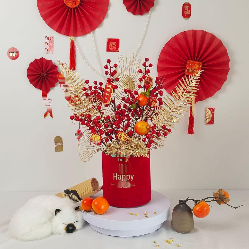 Fortune Bucket New Year Decoration Set - Festive Ornaments for Bedroom and Living Room with Flowers and Fu Character.